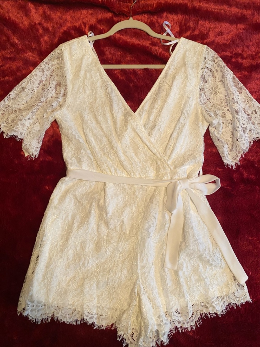 Trixxi Ivory Lace Wrap Romper with Satin Tie